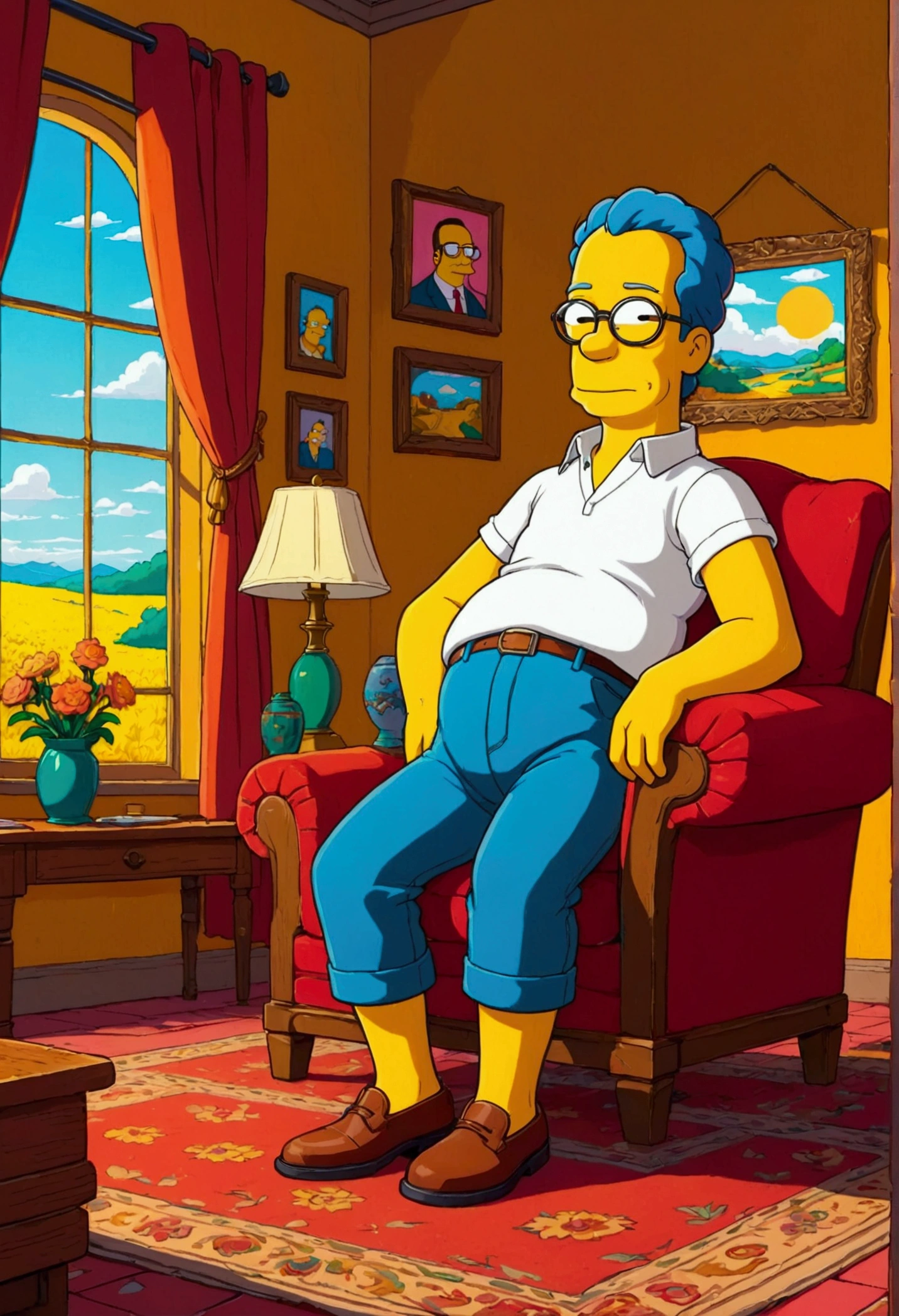 1 , simpsons character, glasses, InkStyle, in front of Estilo, flat ass, Cozy Animation Scenes, dynamic pose, best qualityer, work of art, very aesthetic, perfect composition, details Intricate, ultra detali