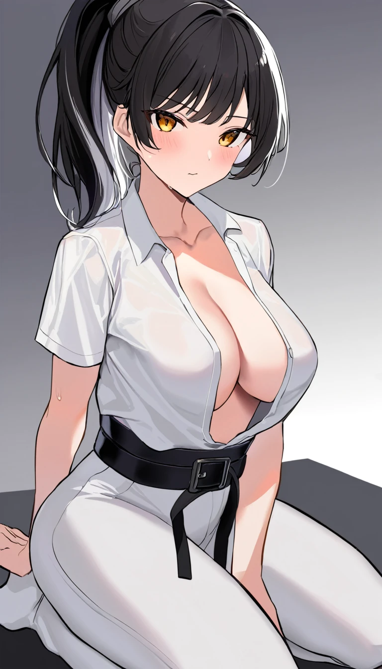 Slender female karateka Mature Woman ((seiza)) Open chest Karate Dojo Black Hair ponytail ((White inner shirt)) clavicle Black belt sit White pants,Loose, plain white clothing, Loose white short-sleeved karate uniform Décolletage