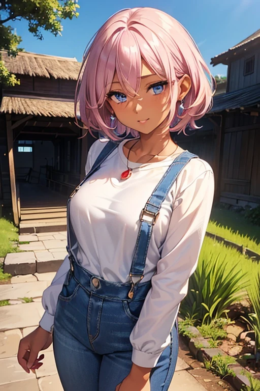 #Basics A girl is posing for a photo, animeのかわいい女の子, (((One Girl, , Young girs old))), 
Bhing Accessories 
(Blue denim overalls + He has his sleeves rolled up in his long-sleeved shirt. + Tight fitting through the waist + The bottom part is long blue denim jeans + Light blue sneakers), 
Red gemstone earrings, fancy silver necklace,  
BREAK 

#Features 
((Matte pink hair)), (Bangs that expose the forehead, Beautiful forehead), Curly hair, (Short Hair : Short Hair:0.6 + Fuller Hair + Hair curled outside + Thin Hair),  
(Droopy eyes, blue eyes), (Small breasts), ((Tanned and dark skin:1.4)), 
BREAK 

#background environment 
(noon、(Sunlit rice fields, Waterways, Rural landscape, Watermill)), 
#Facial Expression Pose
((Wicked Smile), (A powerful walking pose with arms naturally hanging down at the sides)), 
#composition 
((Face the camera, Cowboy Shot)),  
BREAK 

#Body parts elements 
(Detailed hair, Beautiful Hair, Shiny Hair), 
(double eyelid, Long eyelashes), 
(Expression of fine eyes, Beautiful and delicate eyes, Sparkling eyes, Eye Reflexes, Glitter Eyeliner), 
(Human Ear), 
(Beautiful Nose, Thin Nose), 
(Glossy lips, Beautiful Lips, Thick lips, Glossy Lips, Natural Cheeks), 
(Detailed face, Symmetrical facial features), 
(Detailed skin, Textured skin, Beautiful Skin, Shiny skin), 
BREAK 

#Quality 
(((Highest quality)), ((masterpiece)), ((Very detailed))), ((High resolution), (16K,1080P)), 
(Realistic), (Anatomically correct), 
((comics, anime)), (3DCG), CG illustration,
