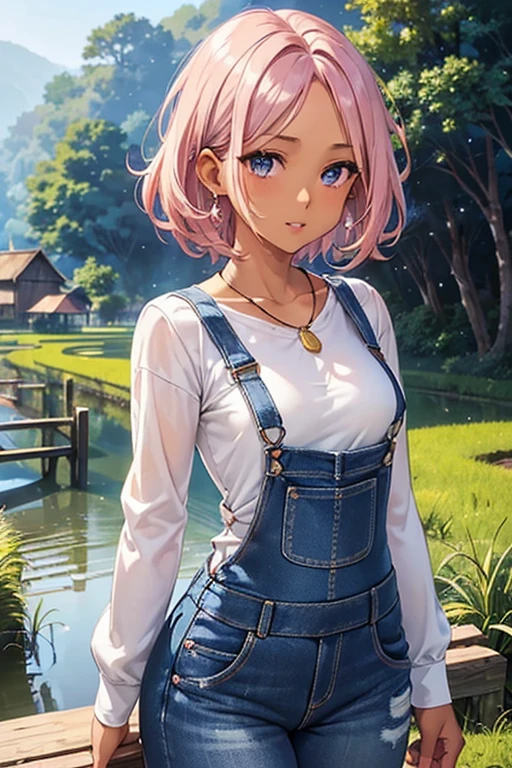 #Basics A girl is posing for a photo, animeのかわいい女の子, (((One Girl, , Young girs old))),
Bhing Accessories
(Blue denim overalls + He has his sleeves rolled up in his long-sleeved shirt. + Tight fitting through the waist + The bottom part is long blue denim jeans + Light blue sneakers),
Red gemstone earrings, fancy silver necklace,
BREAK
#Features
((Matte pink hair)), (Bangs that expose the forehead, Beautiful forehead), Curly hair, (Short Hair : Short Hair:0.6 + Fuller Hair + Hair curled outside + Thin Hair),
(Droopy eyes, blue eyes), (Small breasts), ((Tanned and dark skin:1.4)),
BREAK
#background environment
(noon、(Sunlit rice fields, Waterways, Rural landscape, Watermill)),
#Facial Expression Pose
((Wicked Smile), (A powerful walking pose with arms naturally hanging down at the sides)),
#composition
((Face the camera, Cowboy Shot)),
BREAK
#Body parts elements
(Detailed hair, Beautiful Hair, Shiny Hair),
(double eyelid, Long eyelashes),
(Expression of fine eyes, Beautiful and delicate eyes, Sparkling eyes, Eye Reflexes, Glitter Eyeliner),
(Human Ear),
(Beautiful Nose, Thin Nose),
(Glossy lips, Beautiful Lips, Thick lips, Glossy Lips, Natural Cheeks),
(Detailed face, Symmetrical facial features),
(Detailed skin, Textured skin, Beautiful Skin, Shiny skin),
BREAK
#Quality
(((Highest quality)), ((masterpiece)), ((Very detailed))), ((High resolution), (16K,1080P)),
(Realistic), (Anatomically correct),
((comics, anime)), (3DCG), CG illustration,