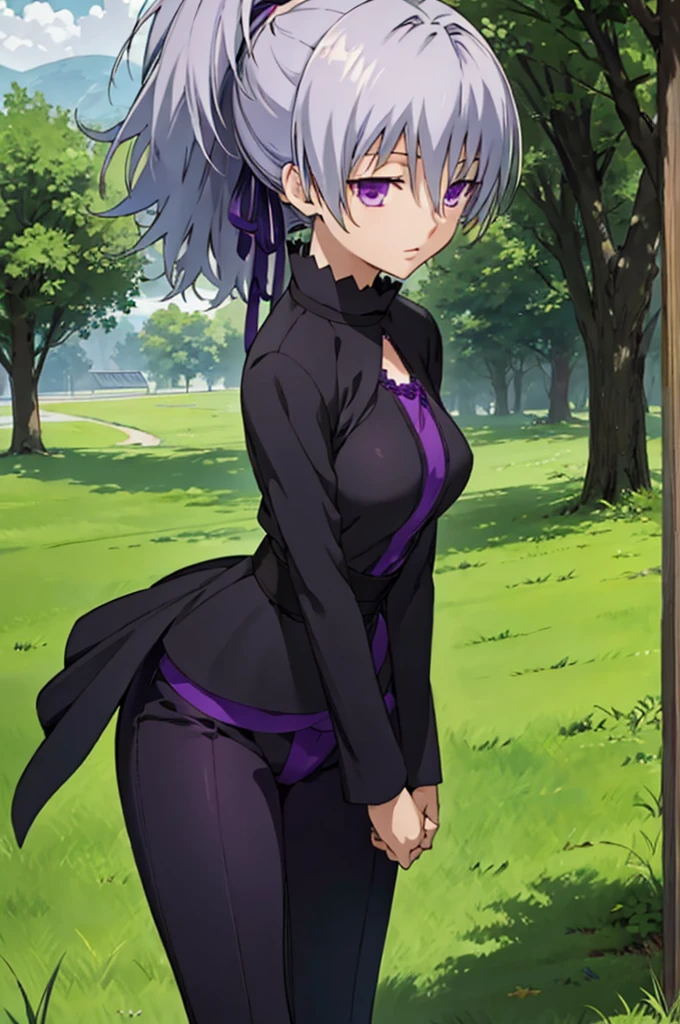 masterpiece, best quality, game cg, 1girl, solo, looking at viewer, , depth of field, ligne claire, , yin_darker_than_black, grey hair, purple eyes, ponytail, pants, , A magical kingdom where everything is perfect and everyone is happy, 32k resolution