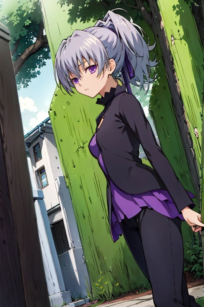 masterpiece, best quality, game cg, 1girl, solo, looking at viewer, , depth of field, ligne claire, , yin_darker_than_black, grey hair, purple eyes, ponytail, pants, , A magical kingdom where everything is perfect and everyone is happy, 32k resolution