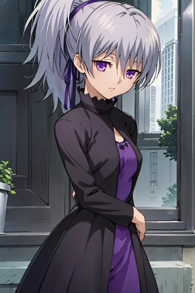 masterpiece, best quality, game cg, 1girl, solo, looking at viewer, , depth of field, ligne claire, , yin_darker_than_black, grey hair, purple eyes, ponytail, pants, , A magical kingdom where everything is perfect and everyone is happy, 32k resolution