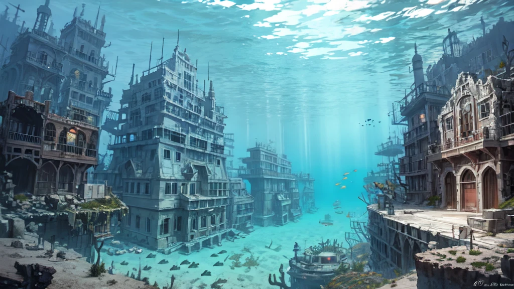 Underwater city, nostalgic, sunken city, background only