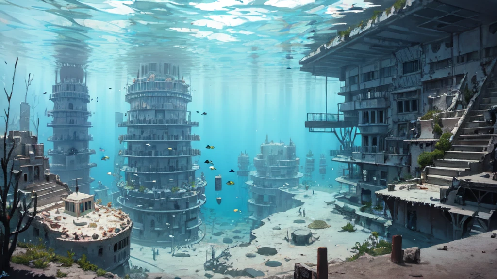 Underwater city, nostalgic, sunken city, background only