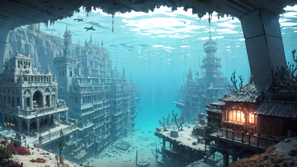 Underwater city, nostalgic, sunken city, background only