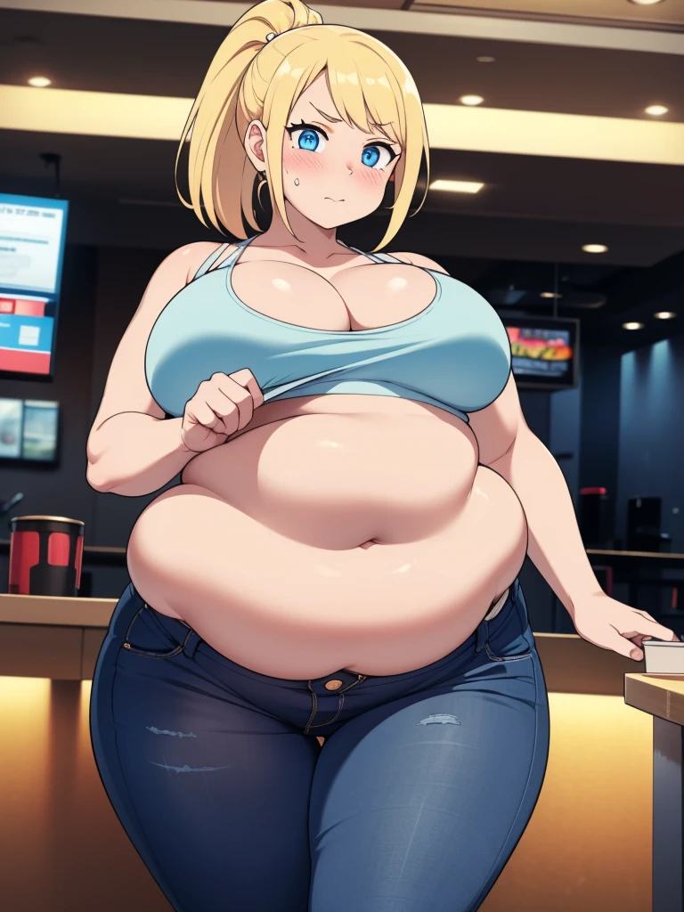 ((Masterpiece)), perfect anatomy, perfect shading, field of depth, (best quality), extremely delicate and beautiful, perfect lighting, detailed face, ultra cute face, cute, ((1girl)), ((solo))
short fluffy blonde hair, ponytail, blue eyes, ((blush)), nervous, looking at viewer, crop top, jeans, cleavage, large breasts, ((thick thighs)), (wide hips), plump, chubby belly, belly hang, fat folds
intricate background, detailed background, fast food restaurant,