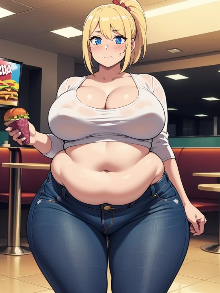 ((Masterpiece)), perfect anatomy, perfect shading, field of depth, (best quality), extremely delicate and beautiful, perfect lighting, detailed face, ultra cute face, cute, ((1girl)), ((solo))

short fluffy blonde hair, ponytail, blue eyes, ((blush)), nervous, looking at viewer, crop top, jeans, cleavage, large breasts, ((thick thighs)), (wide hips), plump, chubby belly, belly hang, fat folds

intricate background, detailed background, fast food restaurant,
