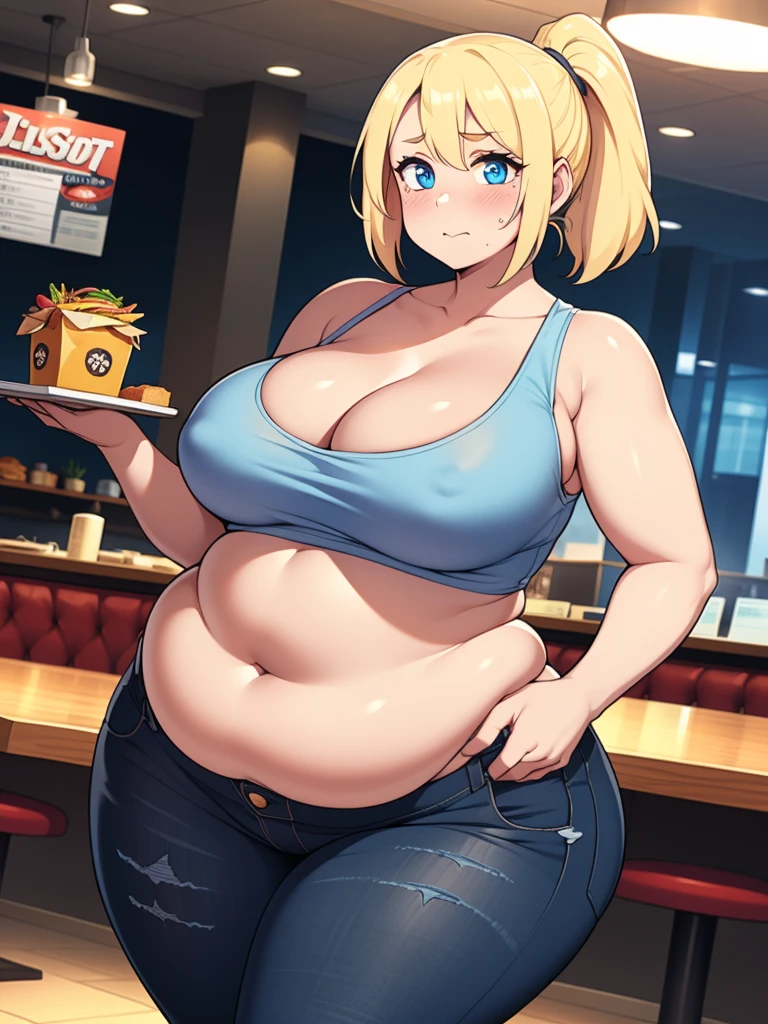 ((Masterpiece)), perfect anatomy, perfect shading, field of depth, (best quality), extremely delicate and beautiful, perfect lighting, detailed face, ultra cute face, cute, ((1girl)), ((solo))

short fluffy blonde hair, ponytail, blue eyes, ((blush)), nervous, looking at viewer, crop top, jeans, cleavage, large breasts, ((thick thighs)), (wide hips), plump, chubby belly, belly hang, fat folds

intricate background, detailed background, fast food restaurant,
