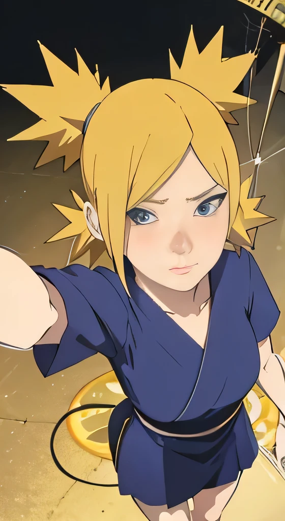 Mature temari nara medium breasts, thin legs, yellow hair green eyes, illuminated, blushing looking up, taking a selfie, boy next to girl, ((Aerial view))