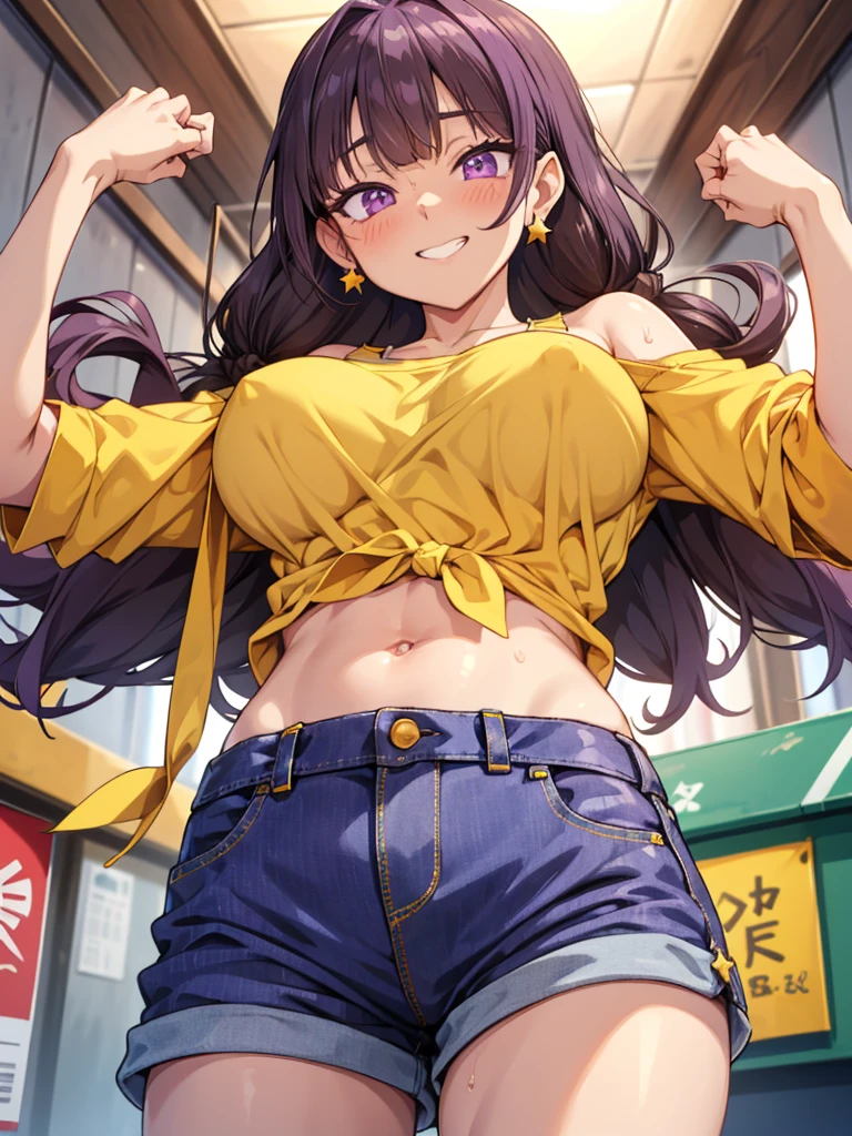 Amanogawa Kist, One girl, alone, Purple hair band, Brown Hair、Star earrings, Yellow Shirt, Exposing shoulders, Off the shoulder、
Denim hot pants、 View your viewers, Cowboy Shot, Are standing,
street、
Thighs、Big Breasts、 belly button、Groin、Purple Eyes、Sweat、Fever、Estrus、
blush、Grin、Raise your arms、
From below、
