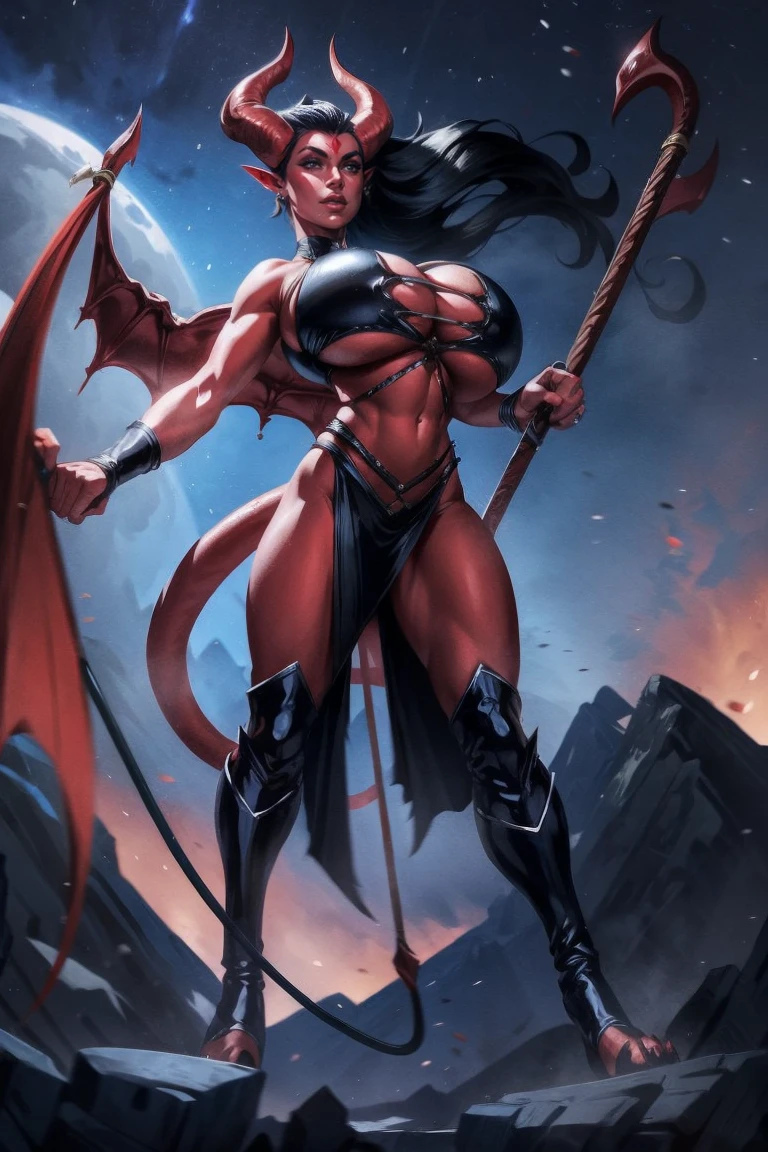 back view, looking over her shoulder, Red skin succubus tiefling, medium breasts, bubble butt, big butt, black horns, wings, huge tail, black leather, crop top, long flowing pelvic curtain, tall, athletic, graceful, thin, long black ponytail. Action scene, whip. Dark scene, explosions, night sky.