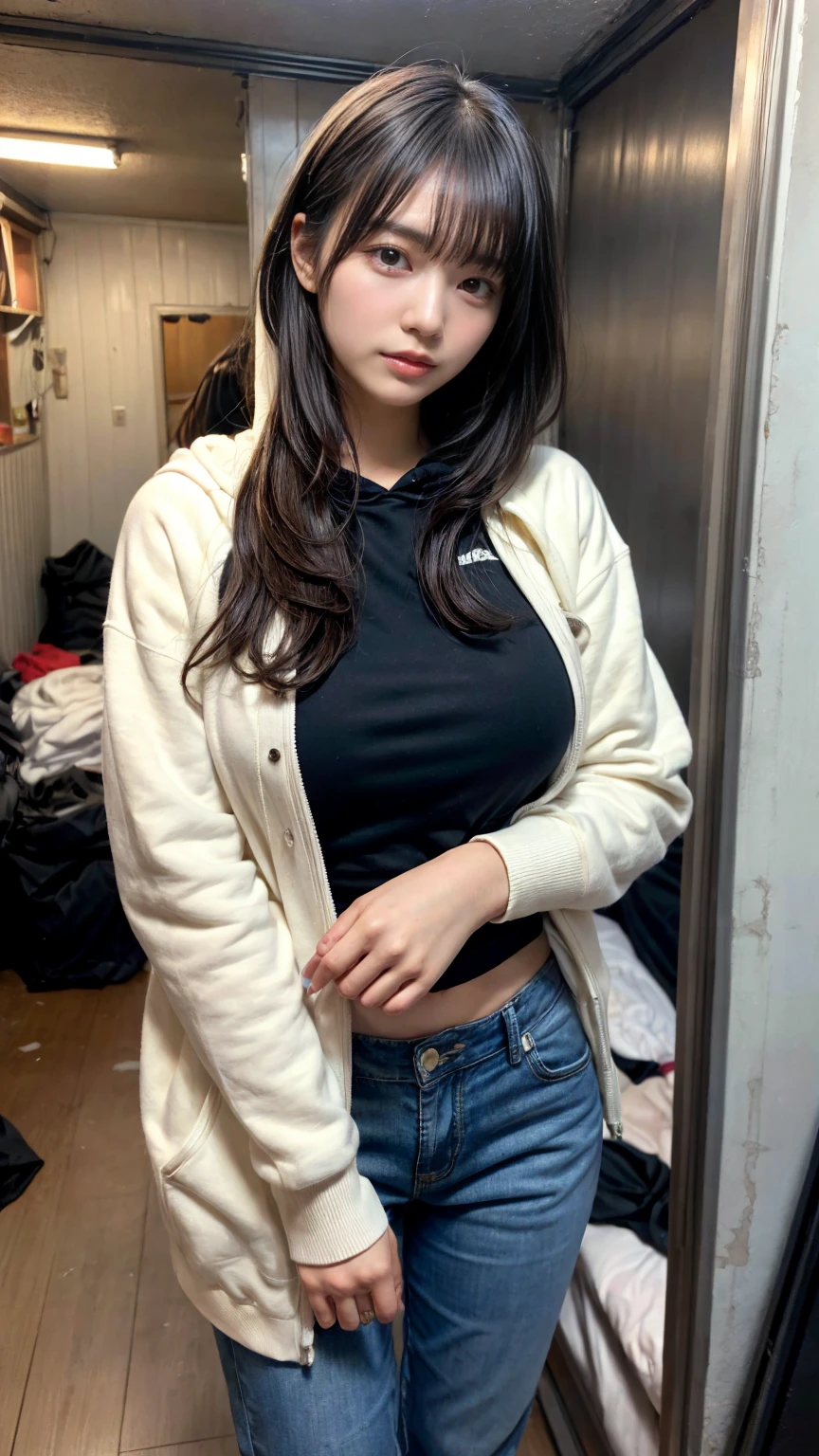 masterpiece, best quality, illustration, Super detailed, fine details, High resolution, 8K,wall paper, perfect dynamic composition,(Details High quality, realistic depiction of eyes:1.3), Tattered clothes, (slum quarters), The collapsed room, Inside the barrack tent, refuge, wearing a tattered and dirty black hoodie., Wearing baggy pants, dirty body, Tragic, (Messy long hair), Layered Cut, black hair color, Big Natural Color Lip,  crying a little、cold gaze, Harajuku style、20 year old girl、cute type、lolita, Gravure Idol, full body photo、focus on crotch, huge breasts