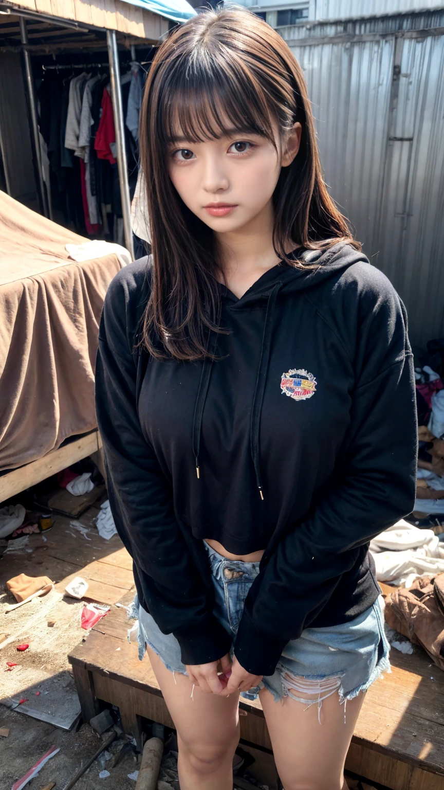masterpiece, best quality, illustration, Super detailed, fine details, High resolution, 8K,wall paper, perfect dynamic composition,(Details High quality, realistic depiction of eyes:1.3), Tattered clothes, (slum quarters), The collapsed room, Inside the barrack tent, refuge, wearing a tattered and dirty black hoodie., Wearing baggy pants, dirty body, Tragic, (Messy long hair), Layered Cut, black hair color, Big Natural Color Lip, crying a little、cold gaze, Harajuku style、20 year old girl、cute type、lolita, Gravure Idol, full body photo、focus on crotch, huge breasts