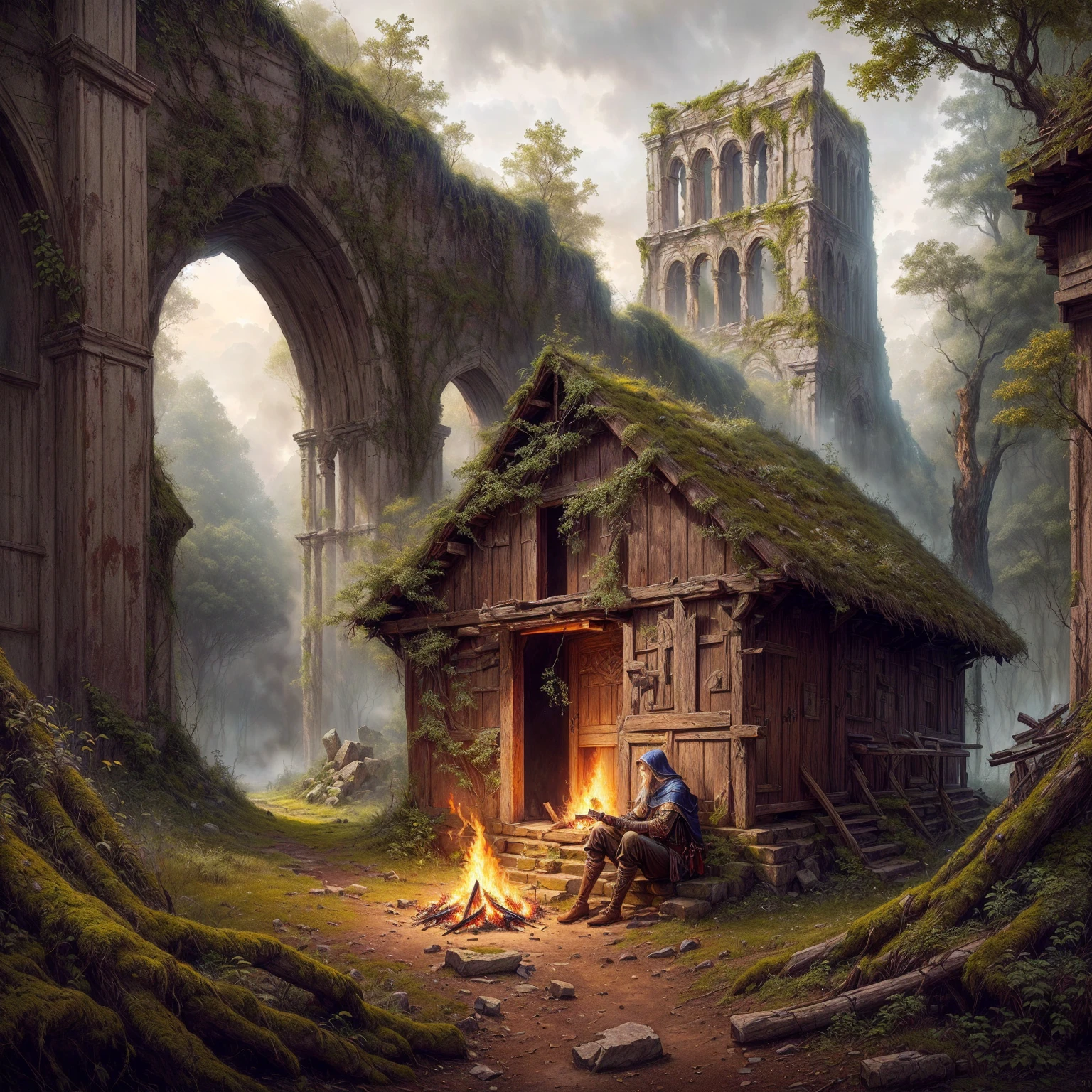 painting of a hut in a forest with a fire in it, medieval fantasy art, fantasy artrealistic painting, realistic fantasy painting, medieval fantasy game art, atmospheric fantasy setting, fantasy scene, realistic fantasy artwork, highly detailed fantasy art, detailed matte fantasy painting, ancient ruins in the forest, medieval fantasy landscape, mystical scene, beautiful oil matte painting