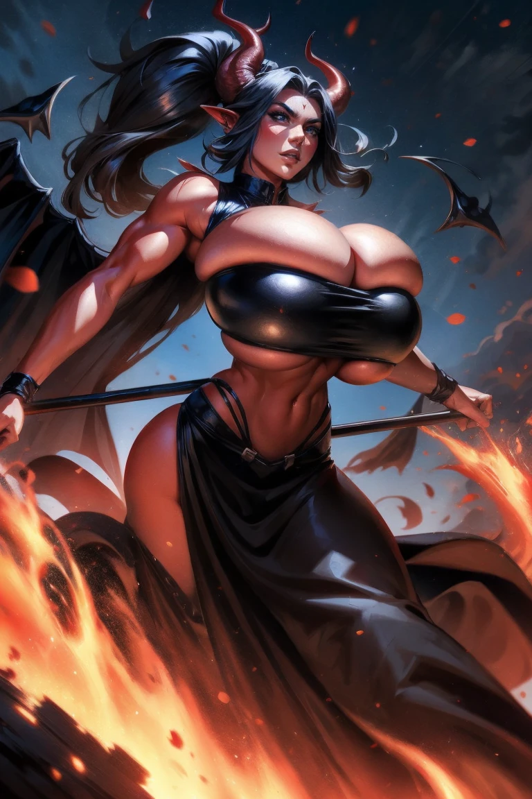 Red skin succubus tiefling, full breasts, huge breasts, black horns, wings, huge tail, black leather, crop top, long flowing pelvic curtain, tall, graceful, thin, long black ponytail. Action scene, whip. Dark scene, explosions, night sky.