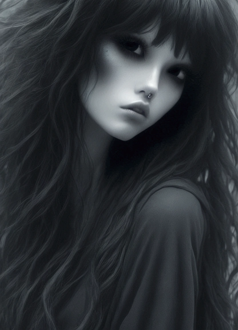 arafed woman with long black hair and a furry hat, black bangs, she has black hair with bangs, with a dark fringe, hair blackbangs hair, with haunted eyes and dark hair, long black hair with bangs, with full bangs, desaturated!!, with haunted eyes and crazy hair, long hair with full bangs, with long black hair