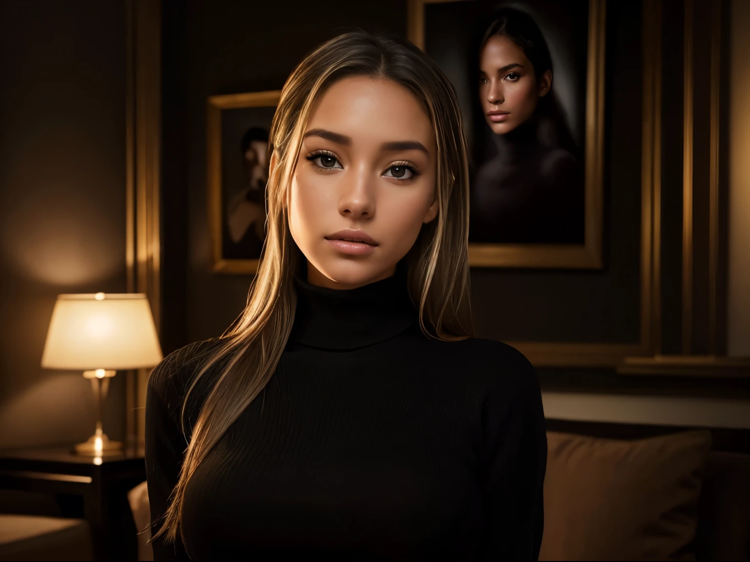 Foto hiperrealista en primer plano de Cindy Prado, masterpiece, best quality, (photorealistic:1.4), portrait photo, black turtleneck sweater, night in living room, during the night, dark night, during night, cinematic light, beautiful woman, skinny, medium breasts, straight dark blond hair, detailed face, photo taken from a distance, age 20 years old