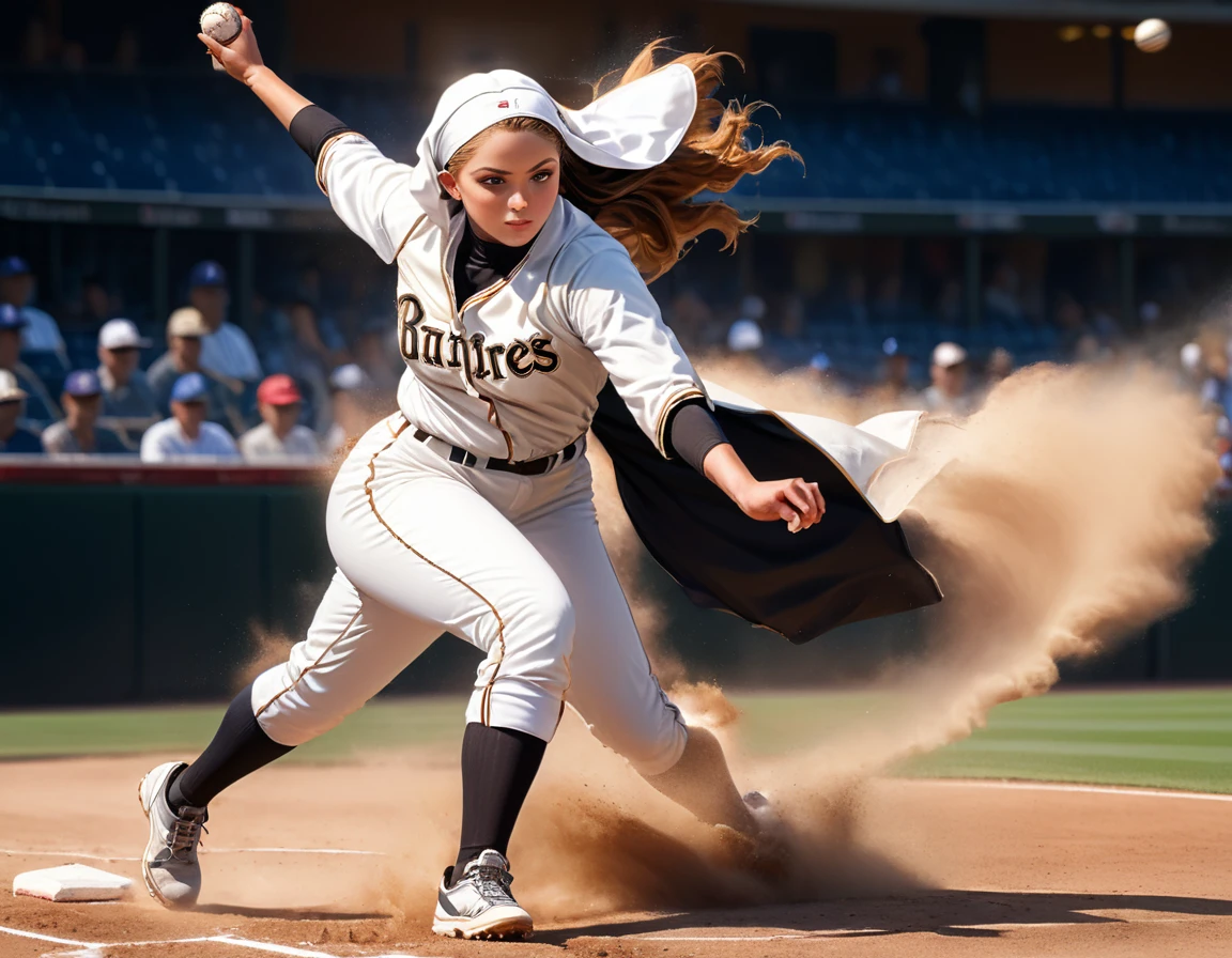 Arafed a sports capture picture of a nun playing baseball, an exquisite beautiful nun, full body, middle aged woman, curvy woman,  dynamic hair, dynamic style,  ultra detailed face, concentrated look, determined look, best detailed face, wearing ((nun clothes: 1.3)), standing ready in a baseball match, baseball stadium nackground, full body (best details, Masterpiece, best quality), ultra wide shot, photorealistic,  vibrant, Ultra-high resolution, High Contrast, (masterpiece:1.5), highest quality, Best aesthetics), best details, best quality, highres, ultra wide angle, 16k, [ultra detailed], masterpiece, best quality, (extremely detailed),