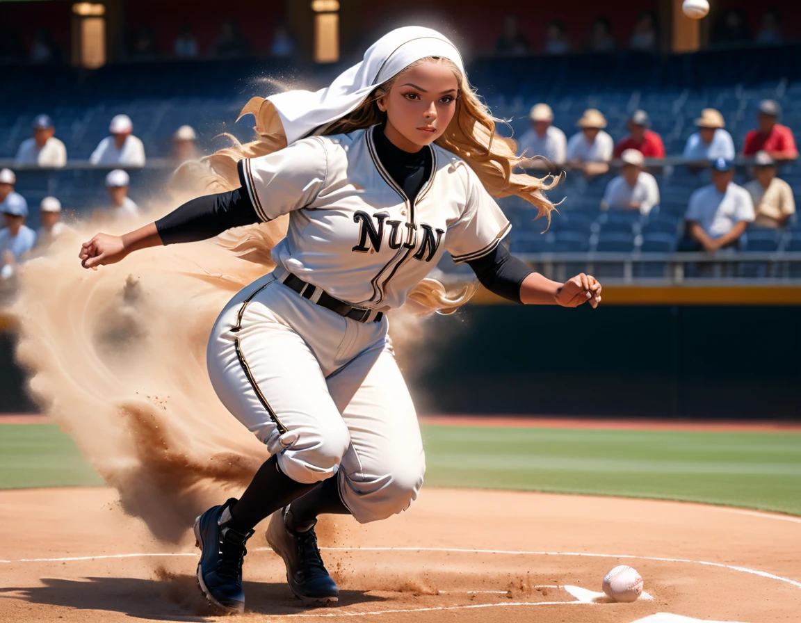 Arafed a sports capture picture of a nun playing baseball, an exquisite beautiful nun, full body, middle aged woman, curvy woman,  dynamic hair, dynamic style,  ultra detailed face, concentrated look, determined look, best detailed face, wearing ((nun clothes: 1.3)), standing ready in a baseball match, baseball stadium nackground, full body (best details, Masterpiece, best quality), ultra wide shot, photorealistic,  vibrant, Ultra-high resolution, High Contrast, (masterpiece:1.5), highest quality, Best aesthetics), best details, best quality, highres, ultra wide angle, 16k, [ultra detailed], masterpiece, best quality, (extremely detailed),