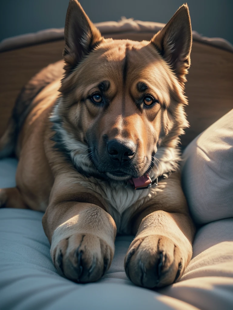German Shepherd in his dog bed, cuddles with a stuffed animal, detailreiches Fell (best quality,4K,8K,highres,​masterpiece:1.2),Ultra-detail,(realisti,photorealisti,photo-realisti:1.37),  Film compositions,depth of field,Professional 3D rendering