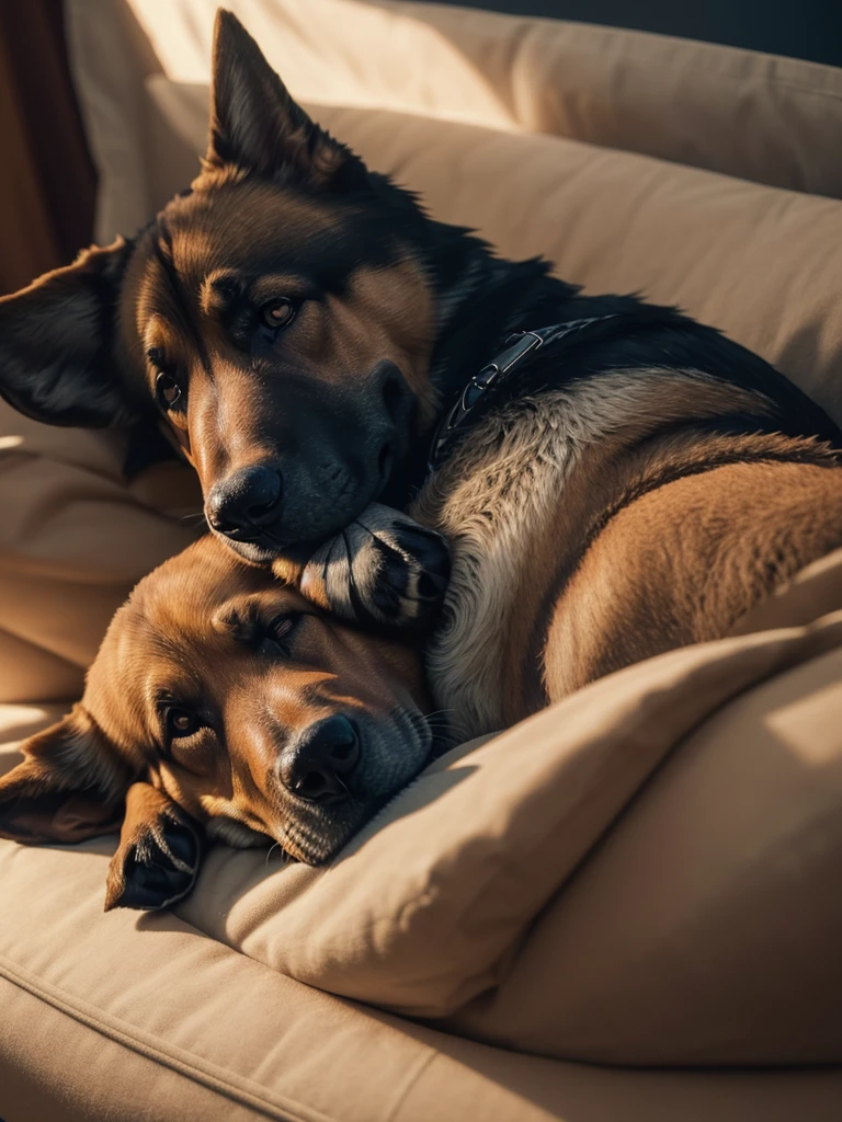 German Shepherd in his dog bed, cuddles with a stuffed animal, detailreiches Fell (best quality,4K,8K,highres,​masterpiece:1.2),Ultra-detail,(realisti,photorealisti,photo-realisti:1.37),  Film compositions,depth of field,Professional 3D rendering