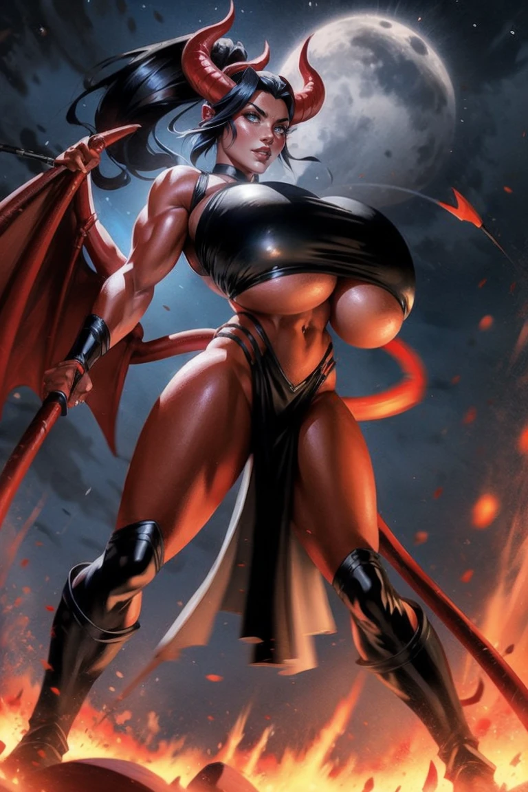 Red skin succubus tiefling, digitigrade legs, full breasts, huge breasts, black horns, wings, huge tail, black leather, crop top, long flowing pelvic curtain, tall, athletic, graceful, thin, long black ponytail. Action scene, whip. Dark scene, explosions, night sky.