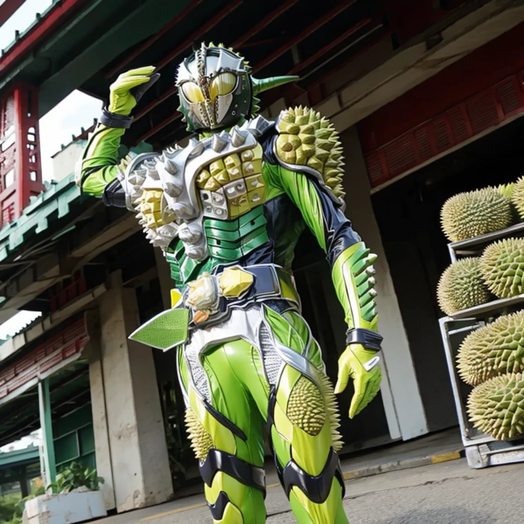 Kamen rider. Street bikes outfit. Kamen rider concept . ((Holding a durian)) At Chinese market . Sell a bunch lot of durian fruit.. kamen rider sell a durian. Open stall durian. Sell a durian fruit.