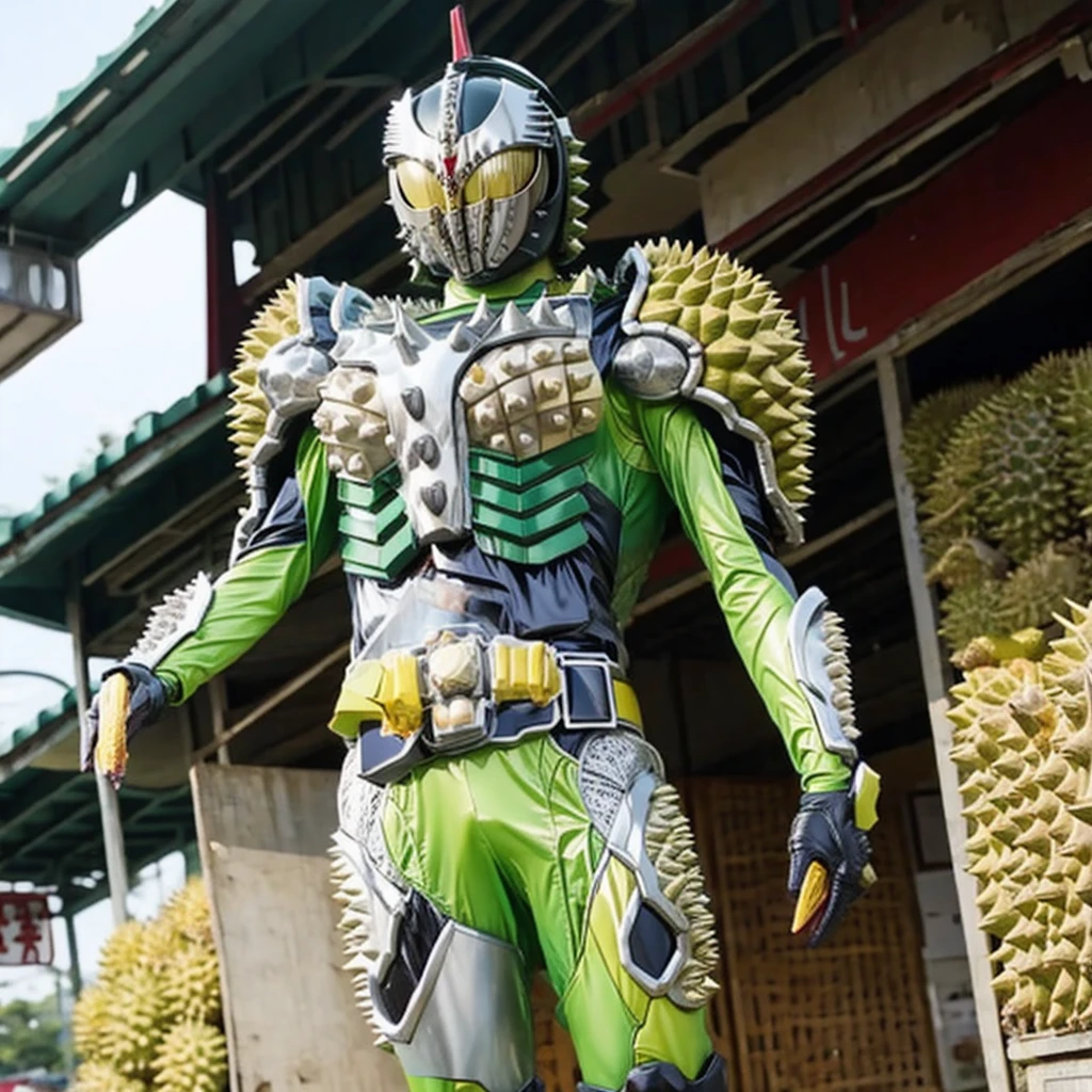 Kamen rider. Street bikes outfit. Kamen rider concept . ((Holding a durian)) At Chinese market . Sell a bunch lot of durian fruit.. kamen rider sell a durian. Open stall durian. Sell a durian fruit.
