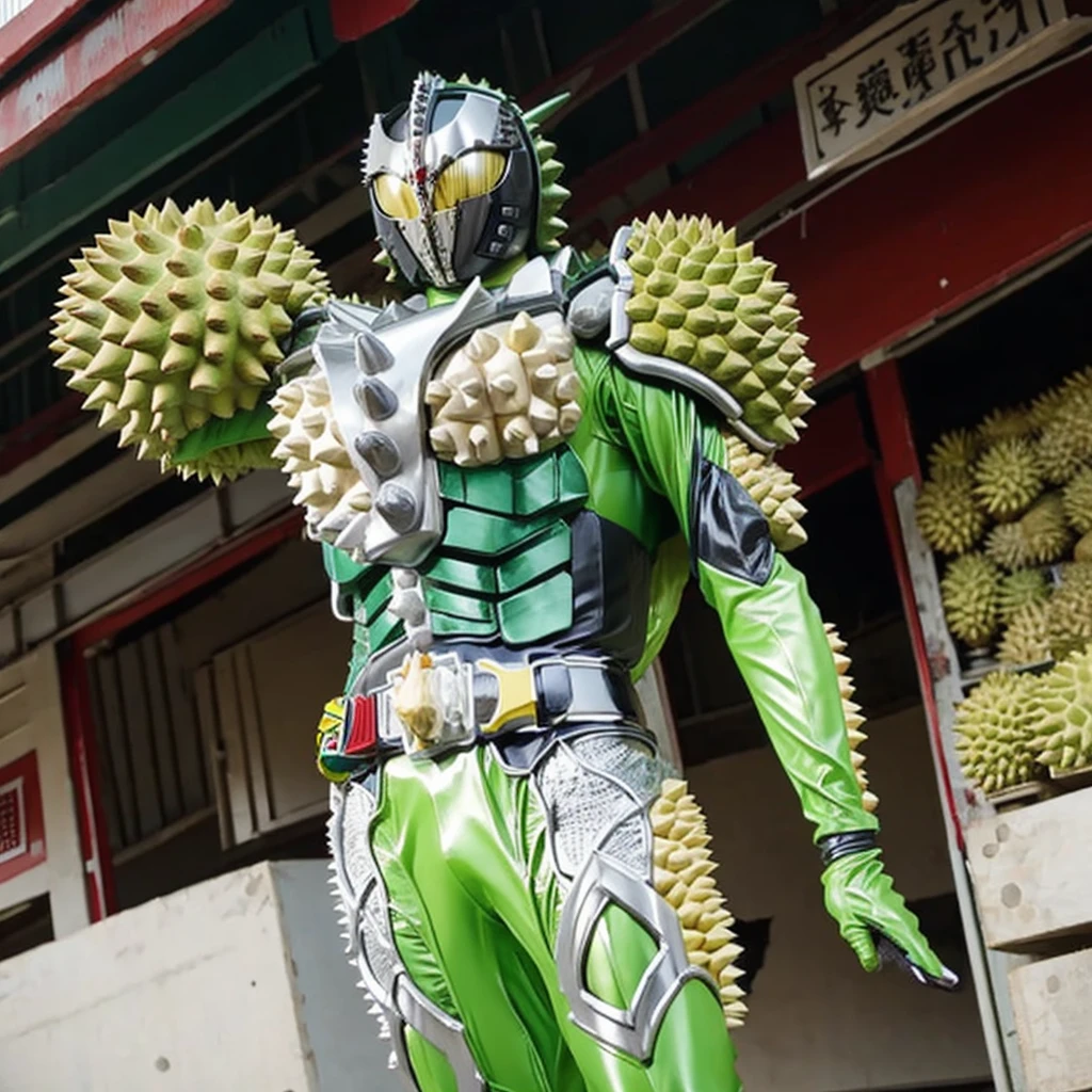 Kamen rider. Street bikes outfit. Kamen rider concept . ((Holding a durian)) At Chinese market . Sell a bunch lot of durian fruit.. kamen rider sell a durian. Open stall durian. Sell a durian fruit.