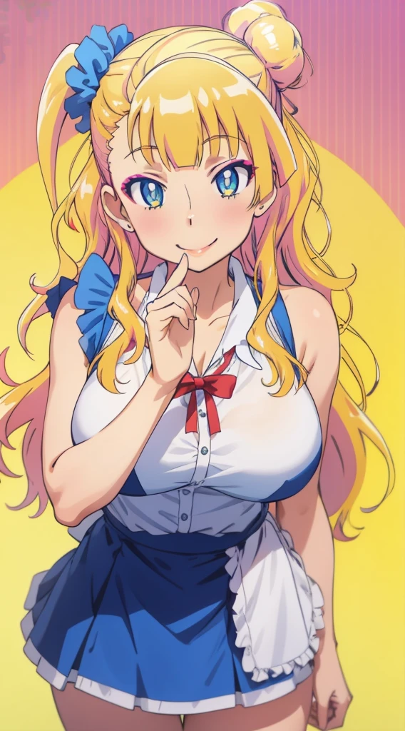 1 girl, galko,Galko,big breasts,smile,makeup,Maid clothes,Both shoulders_exposed,clavicle,mini skirt,natural lip,skin luster,looking at the viewer, in the center of the image,cowboy shot,１with people,
highest quality, High resolution, beautiful eyes, highly detailed face, Detailed CG, Chinese restaurant,