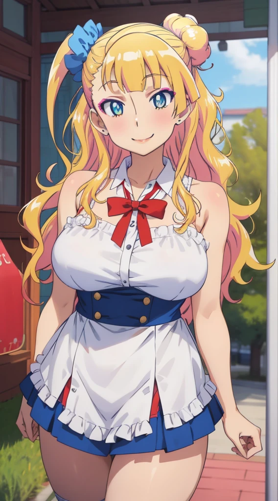 1 girl, galko,Galko,big breasts,smile,makeup,Maid clothes,Both shoulders_exposed,clavicle,mini skirt,natural lip,skin luster,looking at the viewer, in the center of the image,cowboy shot,１with people,
highest quality, High resolution, beautiful eyes, highly detailed face, Detailed CG, Chinese restaurant,