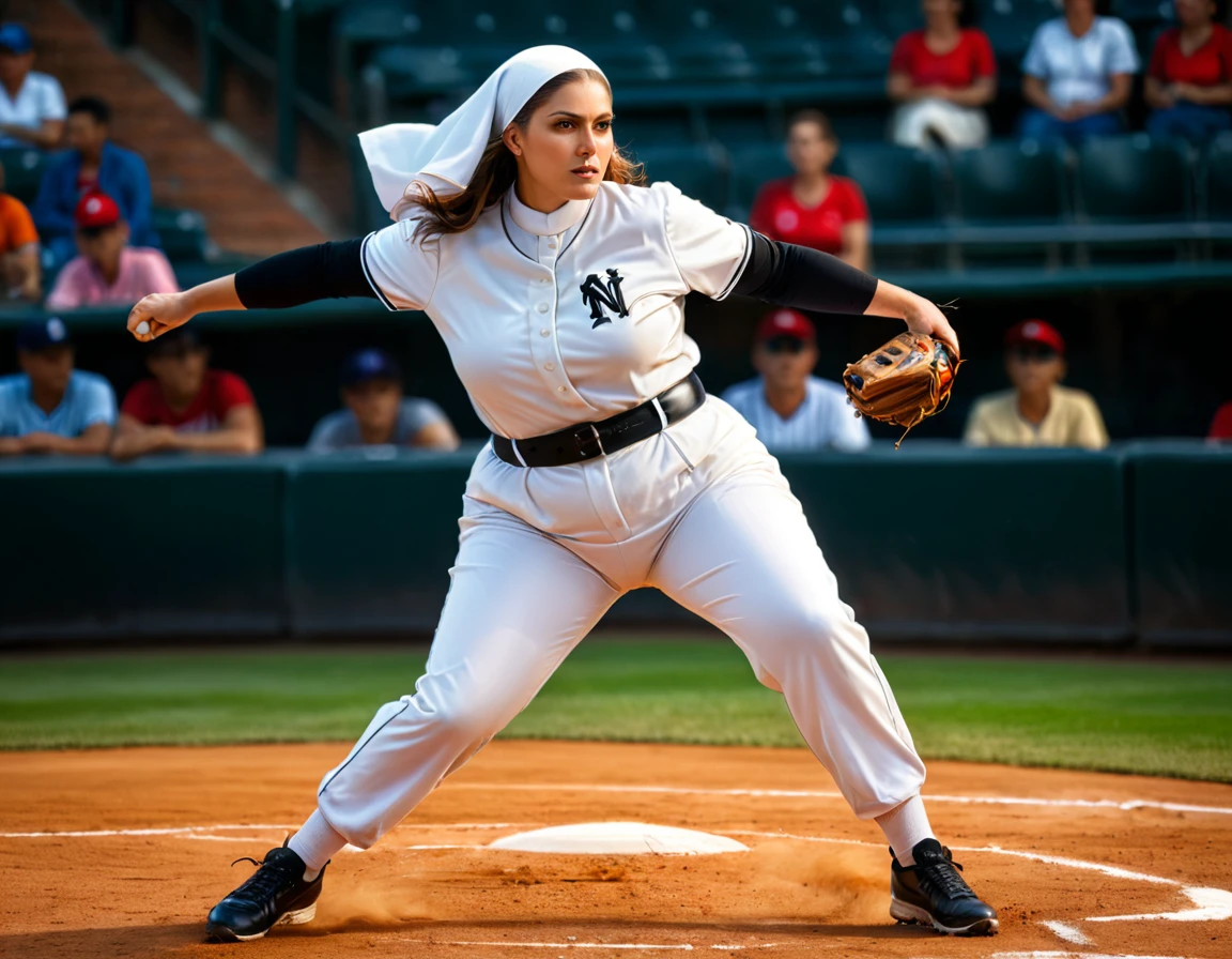 Arafed a sports capture picture of a nun playing baseball, an exquisite beautiful nun, full body, middle aged woman, curvy woman,  dynamic hair, dynamic style,  ultra detailed face, concentrated look, determined look, best detailed face, wearing ((nun clothes: 1.3)), standing ready in a baseball match, baseball stadium nackground, full body (best details, Masterpiece, best quality), ultra wide shot, photorealistic,  vibrant, Ultra-high resolution, High Contrast, (masterpiece:1.5), highest quality, Best aesthetics), best details, best quality, highres, ultra wide angle, 16k, [ultra detailed], masterpiece, best quality, (extremely detailed),