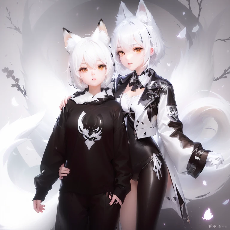 Anime style image of two young women in black and white outfits, white fox ears, White-haired fox, WLOP und Sakimichan, Jazza und Rossdraws, Trends on Artstation Pixiv, Anime girl with cat ears, von Arknights, Trends on cgstation, guweiz on pixiv artstation