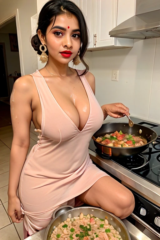 ((best quality)), ((masterpiece)), (detailed), erotic hindu wife cooking chicken food , stripless Kurta Dupatta , big fake lips red lipstick , hindu common housewife open shoulders sweating sleeveless 35 yr old wife chicken legs piece , nose piercing exposed small cleavage sweat wet