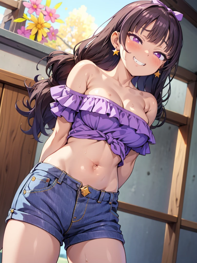 Amanogawa Kist, One girl, alone, Purple hair band, Brown Hair、Star earrings, Yellow Shirt, Exposing shoulders, Off the shoulder、
Denim hot pants、  View your viewers, Cowboy Shot, Are standing, 
street、
Thighs、Big Breasts、 belly button、Groin、Purple Eyes、Sweat、Fever、Estrus、
blush、Grin、Raise your arms、
From below、