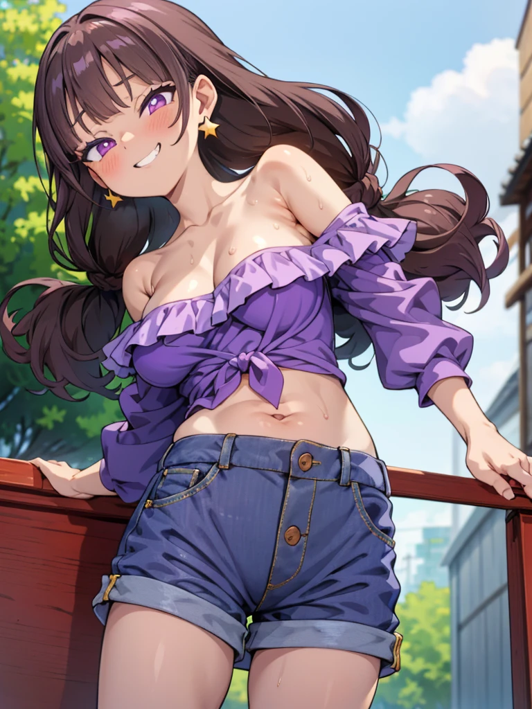 Amanogawa Kist, One girl, alone, Purple hair band, Brown Hair、Star earrings, Yellow Shirt, Exposing shoulders, Off the shoulder、
Denim hot pants、 View your viewers, Cowboy Shot, Are standing,
street、
Thighs、Big Breasts、 belly button、Groin、Purple Eyes、Sweat、Fever、Estrus、
blush、Grin、Raise your arms、
From below、