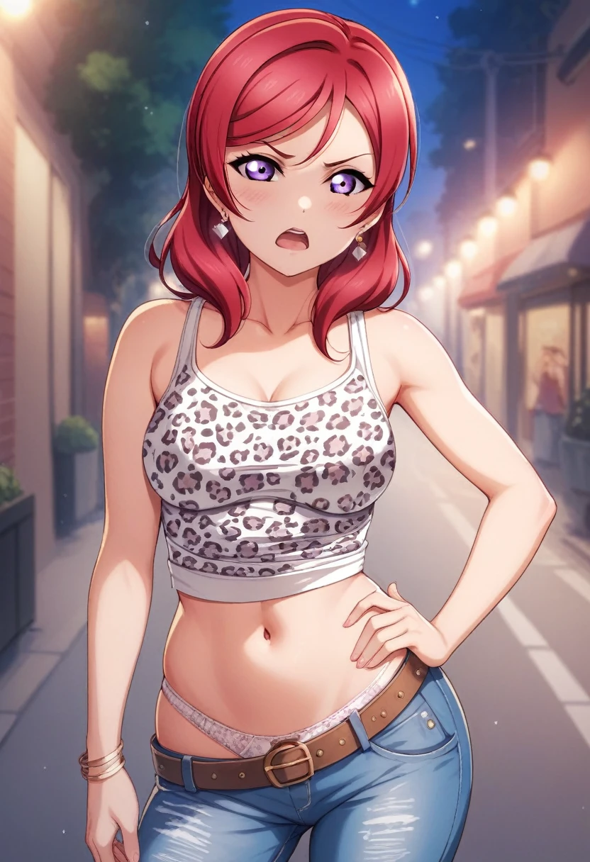 Masterpiece, love live,sexy, breasts,8k wallpaper, looking at viewer, nishikino maki, low waisted jeans pants, white underwear, leopard printed tank top, earrings,in street , leopard panties straps, earrings, purple eyes, standing ,red hair , night , hand on hip,(angry:0.6) 