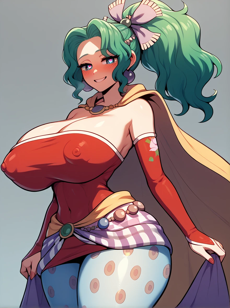 score_9, score_8_up, score_7_up, score_6_up, rating_explicit, high detail, perfect face, 1girl, huge breasts, blushing, heart-shaped pupils, thick thighs, looking at viewer, smile, covered nipples, tina branford, green hair, ponytail, hair ribbon, earrings, cape, red dress, strapless, detached sleeves, clothes around waist, print legwear,