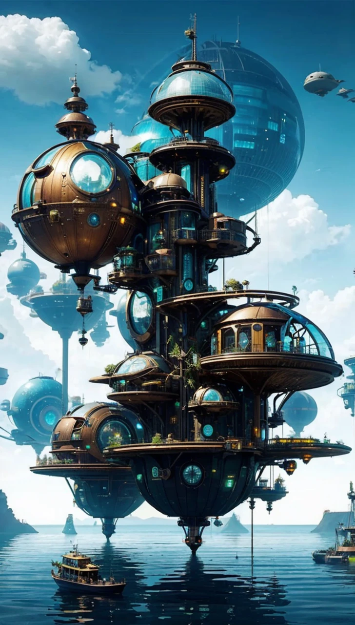 The Big Ship, floating in the ocean, with many different buildings, solarpunk village, SolarPunk Architecture, sunny punk city, futuristic utopia in solar punk, inspired by Stéphane Martiniere, inspired by Stéphane Martiniere, Colorful sci-fi steampunk, Solarpunk utopia, giant impressive steampunk tower, concept art in steampunk style, fantasy architecture, solar punk metropolis