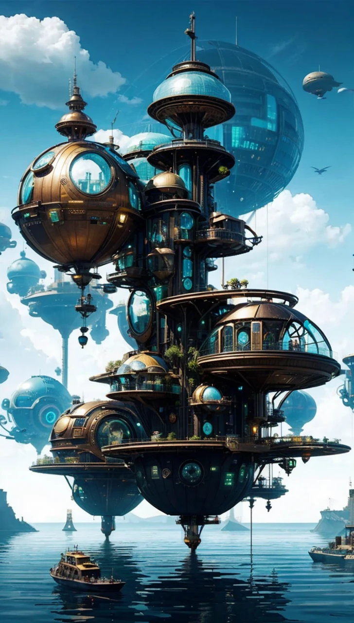 The Big Ship, floating in the ocean, with many different buildings, solarpunk village, SolarPunk Architecture, sunny punk city, futuristic utopia in solar punk, inspired by Stéphane Martiniere, inspired by Stéphane Martiniere, Colorful sci-fi steampunk, Solarpunk utopia, giant impressive steampunk tower, concept art in steampunk style, fantasy architecture, solar punk metropolis