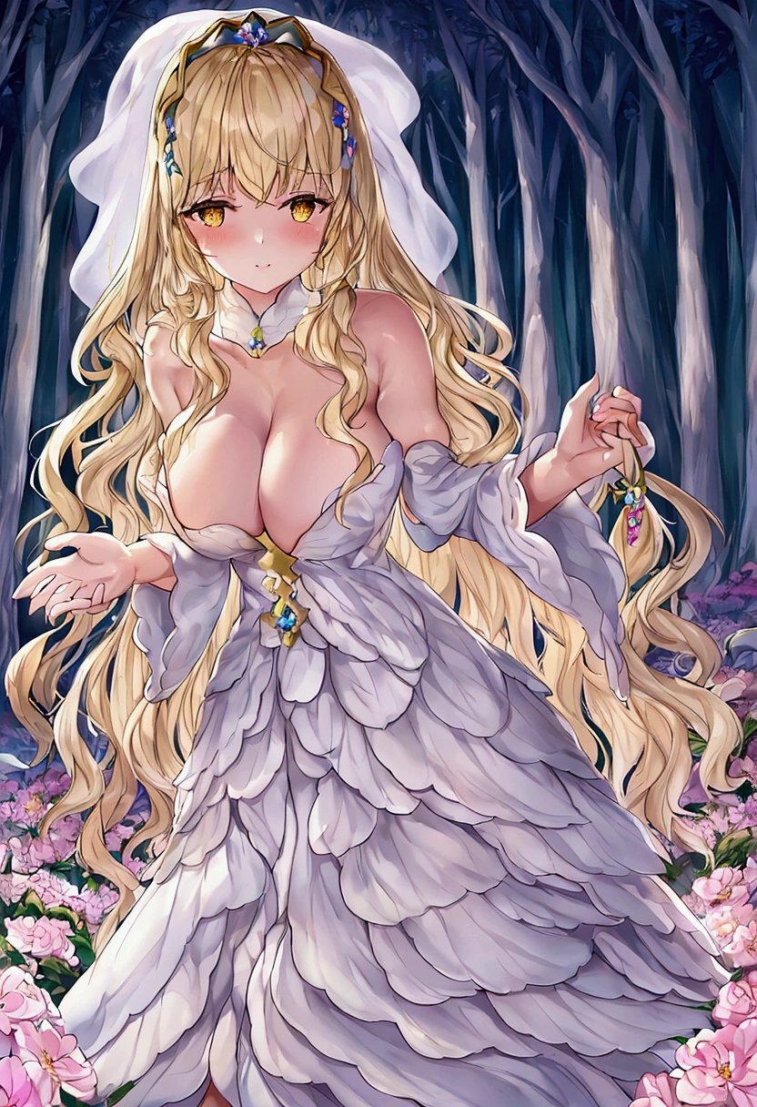 A beautiful white woman stands in an enchanted setting, surrounded by a magical forest with tall trees and luminous flowers. She is naked without even a single piece of clothing,Has big breasts. Her wavy hair falls softly over her shoulders.. With a look of hope and tenderness, she delicately holds a frog in her hands and kisses it gently