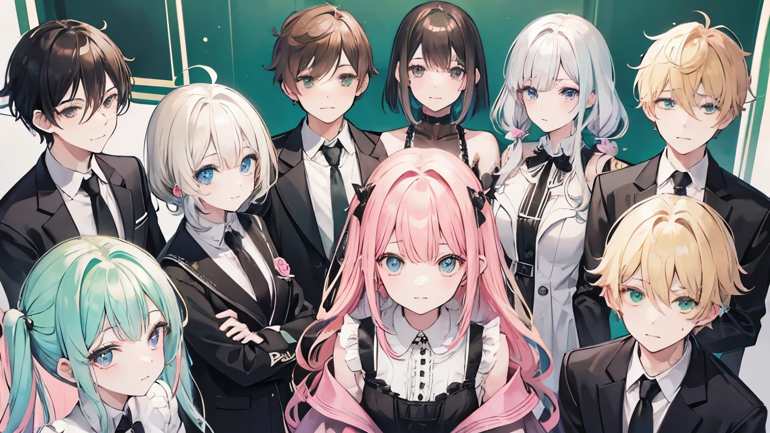 7 boys and girls with different hair colours including black brown green pink blue blonde looking into the camera