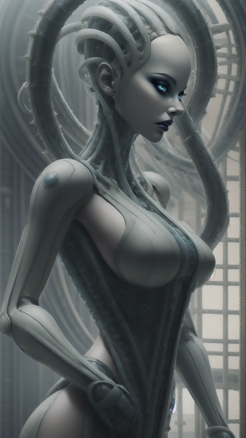 ((The concept character sheet of a strong, attractive, and hot alt lady wearing sexy biopunk armor)). Her face is oval, forehead is smooth and visibly rounded at the temples. jawline is softly defined, giving her a gentle and feminine appearance, ((NSFW, sexy glowing alien armor, biopunk swords)), ((Masterpiece, Highest quality)), 8k, Detailed face (short hair faded and spiked, undercut hairstyle) (multicoloured hair) (green glowing eyes), light blue hair, pantyhose, stocking, Infographic drawing. Multiple sexy poses. tattoos, glasses, sexy biopunk skirt, sexy biopunk top