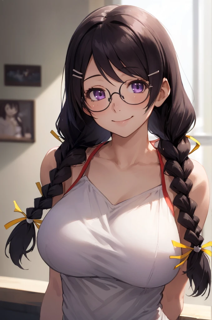 (best quality, masterpiece, RAW photo,ultra-detailed:1.2), 1girl,solo,looking at viewer,smile hanekawa tsubasa, long hair, black hair, hair ornament, (purple eyes:1.1), braid, hairclip, twin braids, glasses, very large breasts, big 