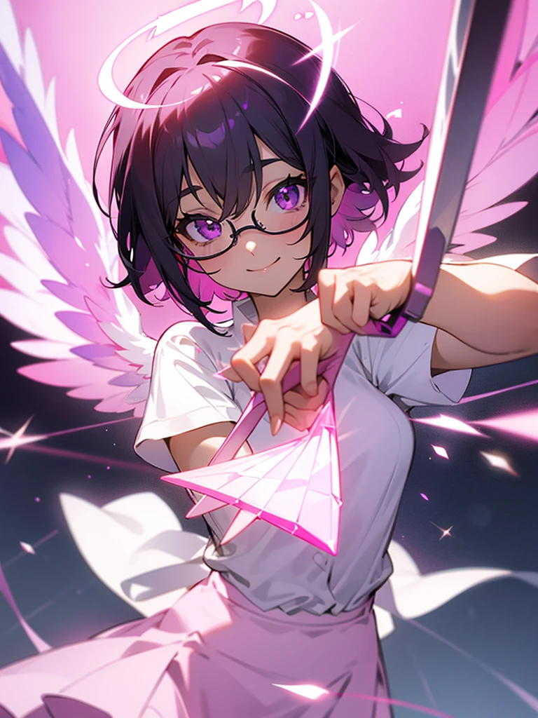 Pink glasses Purple eyes Black short hair White shirt Pink skirt Crystal wings Halo Girl Smile