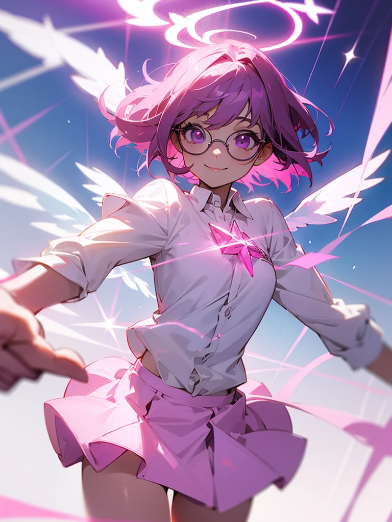 Pink glasses Purple eyes Black short hair White shirt Pink skirt Crystal wings Halo Girl Smile