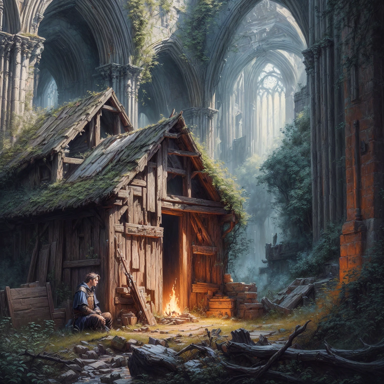 there is a painting of a man sitting in front of a building, medieval fantasy art, detailed 3d gothic oil painting, realistic fantasy painting, fantasy artrealistic painting, medieval fantasy game art, detailed matte fantasy painting, highly detailed fantasy art, realistic fantasy artwork, hyperrealistic fantasy art, cinematic fantasy painting, andreas rocha and john howe