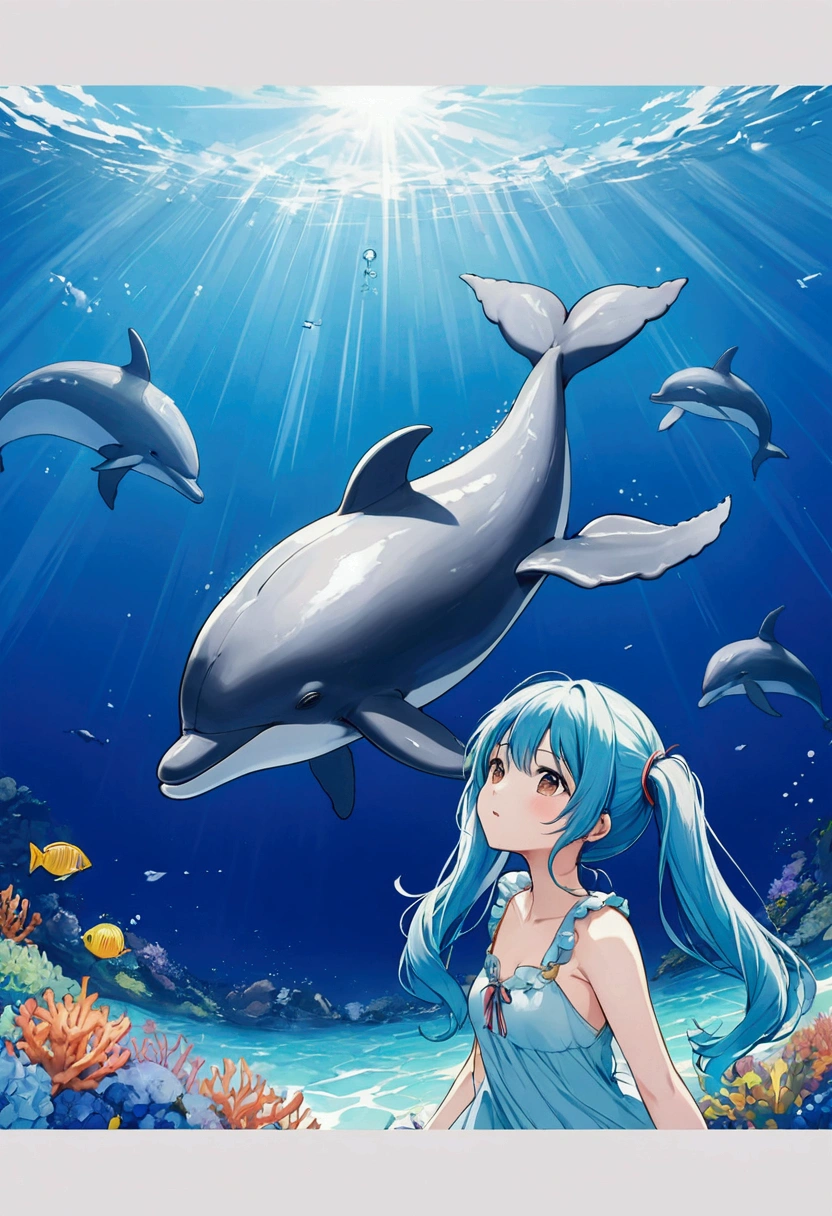 A picture of a dolphin swimming in a colorful sea, Look up the composition,Light blue long hair、Beautiful girl with twin tails、Whale in the Sky, Cyril Rollandに触発されて, Dreamy psychedelic anime, Colorful anime movie background, Beautiful artwork illustration, author:Shimo, Colorful concept art, Cyril Rolland, Cyril Rolland風, Flying Whale, Highly detailed watercolor 8K, Very detailedな水彩画 8K,Octane,Are you okay,Realistic,8K,style of makoto shinkai( Streamlined Design, Clear lines, High Sharpness,Highest quality, Very detailed, masterpiece, Cinematic lighting effects, 4K )