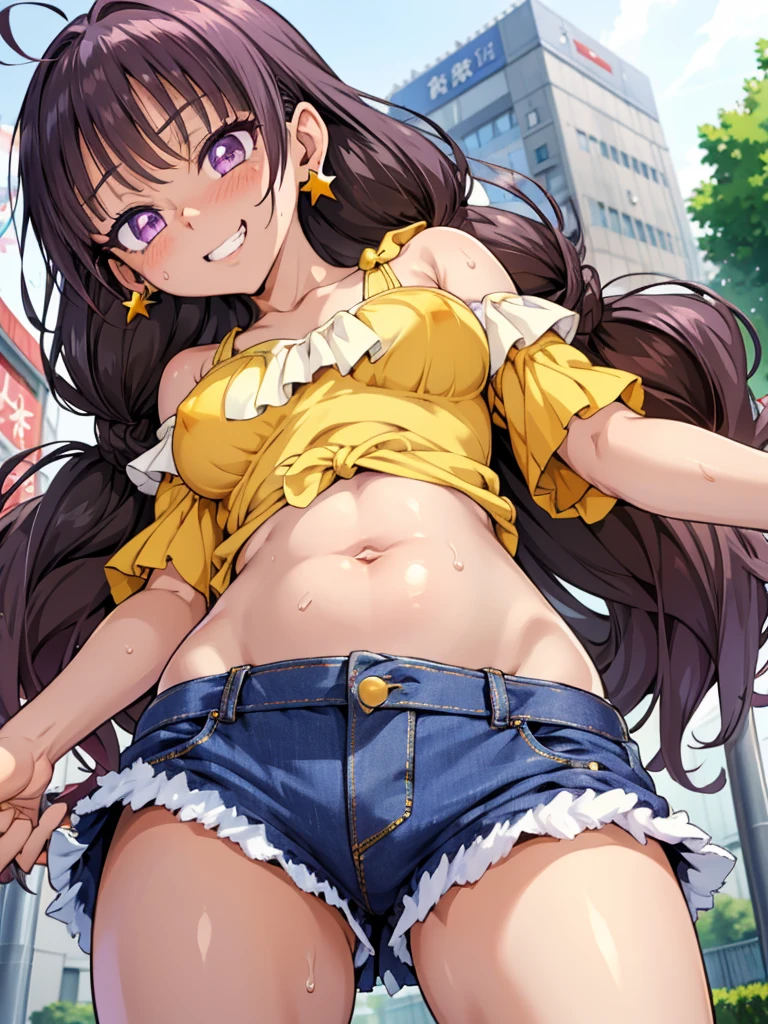 Amanogawa Kist, One girl, alone, Purple hair band, Brown Hair、Star earrings, Yellow Shirt, Exposing shoulders, Off the shoulder、
Denim hot pants、 View your viewers, Cowboy Shot, Are standing,
street、
Thighs、Big Breasts、 belly button、Groin、Purple Eyes、Sweat、Fever、Estrus、
blush、Grin、Raise your arms、
From below、